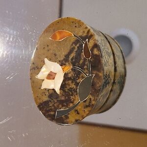 Vintage soapstone inlaid stone floral trinket dish.  Made in India.